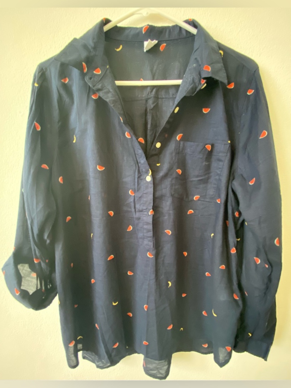 EUC Gap Navy Button-Up Shirt with Red & Yellow Fruit Print (L)